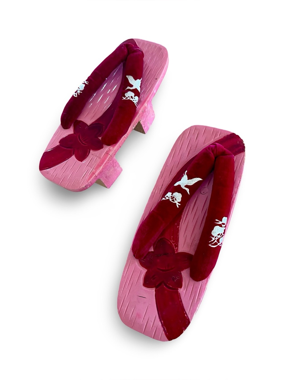 Vtg 1940s 1950s Japanese Wooden Geta Sandals Velvet Crane Embroidered Clogs - Picture 5 of 7